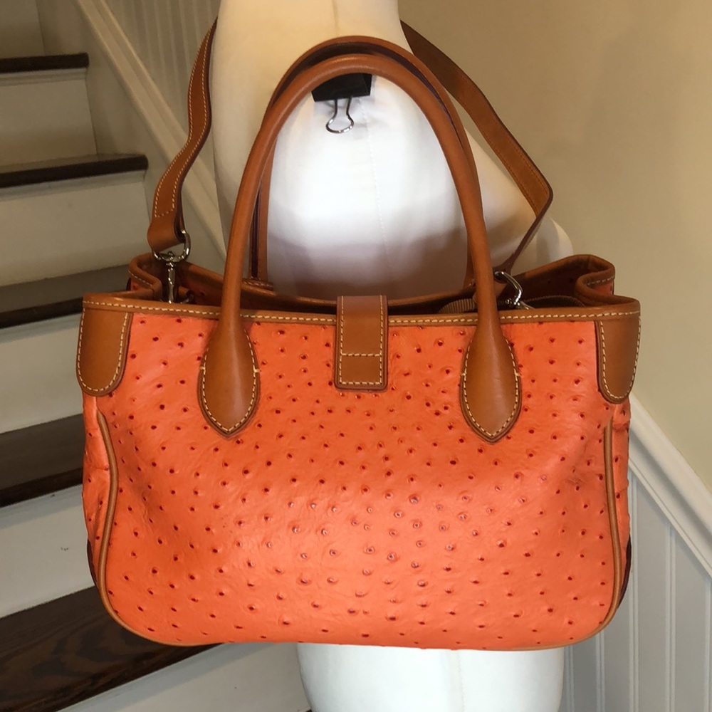 DOONEY & BOURKE Orange Ostrich Print Leather Crossbody Shoulder Laptop Bag NWOT - Picture 2 of 16